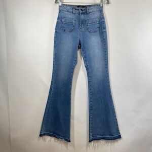 Youcom Denim Womens High Rise Raw Hem Flare Jeans Size 0 Stretch Hippie Pockets